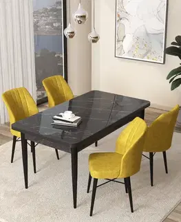 Jedálenské sety Dining Table & Chairs Set (5 Pieces) Arp - Black Marble, Mustard