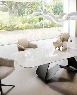Jedálenské stoly DELIFE Jedálenský stôl Edge zaoblený tvar 270×120 cm keramika Iris FMG Onice Grigio podstava v tvare W kov čierna
