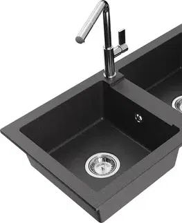 Kuchynské drezy MEXEN/S MEXEN/S - Mario granitový drez 2-bowl vrátane batérie Flora, čierna kropenatá 6504-76-670401-00