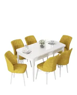 Jedálenské sety Extendable Dining Table & Chairs Set (7 Pieces) Nef - White, Mustard