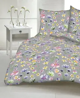 Obliečky Obliečky bavlnené Poľné kvety sivé TiaHome - 1x Vankúš 90x70cm, 1x Paplón 140x200cm
