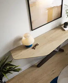 Konzolové stolíky DELIFE Konzolový stolík Edge polygonálny 180×50 cm keramika Laminam® sabbia dubová farba Zentharo kov čierna