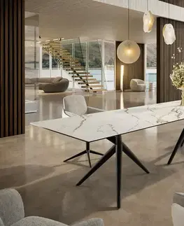 Jedálenské stoly DELIFE Jedálenský stôl Edge 300x100 keramika Calacatta Luxe bielo-zlato-šedá Estelar okrúhly kov čierna