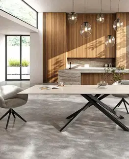 Jedálenské stoly DELIFE Jedálenský stôl Edge 300x100 cm keramika Laminam®Travertino Bianco krémovo biela krížová podstava hranatý čierna