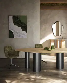 Jedálenské stoly DELIFE Jedálenský stôl Edge oválny 280x130 keramika Laminam® Sabbia dubová podstava nerezová oceľ grafitová