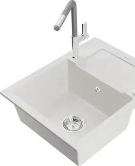 Kuchynské drezy MEXEN/S MEXEN/S - Enzo granitový drez 1-miska s odkvapkávačom vrátane batérie Flora, biela 6506-20-670401-06