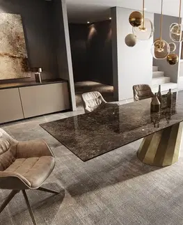 Jedálenské stoly DELIFE Jedálenský stôl Edge 300x100 keramika emperador extra lucidato tmavohnedá parabolický metalická zlatá
