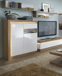 Obývacie steny KONDELA Leonardo obývacia izba s osvetlením dub riviera / biely vysoký lesk