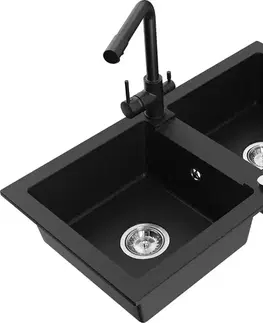 Kuchynské drezy MEXEN/S MEXEN/S - Mario granitový drez 2-bowl vrátane batérie Duero, čierna 6504-77-671600-70
