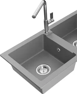 Kuchynské drezy MEXEN/S MEXEN/S - Mario granitový drez 2-bowl vrátane batérie Flora, šedá 6504-71-670401-00