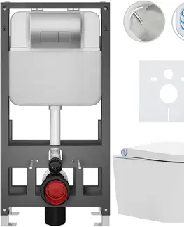 Záchody CERANO - Závesné WC s bidetom Basic/Cronus Standard - biela lesklá - WC tlačidlo Modulo/Strieborná - voľne stojaca - predstenová inštalácia - 59,3x38,4 CER-8050BD86462