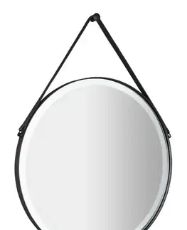 Kúpeľňové zrkadlá SAPHO - ORBITER guľaté zrkadlo s LED osvetlením, kožený popruh, ø 60cm, čierna mat ORL060