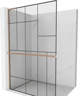 Sprchové dvere MEXEN/S - Kioto+ L Sprchová zástena WALK-IN s poličkou a držiakom uterákov 110 x 200, čierny vzor, meď kartáčovaná 800-110-123-65-78