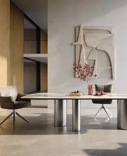 Jedálenské stoly DELIFE Jedálenský stôl Edge zaoblený tvar 300×120 cm keramika Minas Melange bielo-béžová Troa nerezová oceľ kefovaná