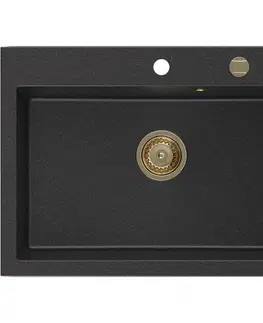 Kuchynské drezy MEXEN/S MEXEN/S - Elix granitový drez 1-miska 700 x 500 mm, čierna/strieborná metalík, sifón zlatá 6526701005-73-G