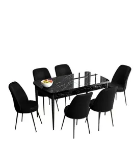 Jedálenské sety Extendable Dining Table & Chairs Set (7 Pieces) Han - Black Marble, Black