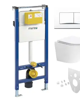 Záchody Mereo WC set - Smart flush rimless WC oblé, modul pre sadrokartón, biele hranaté tlačidlo MM02NSETRT220