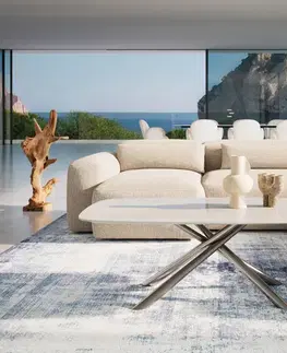 Konferenčné stolíky DELIFE Konferenčný stolík Edge zaoblený tvar 120×70 cm keramika onyx šampanské Sarity nerezová oceľ kefovaná