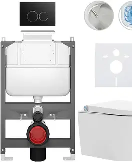 Záchody CERANO - Závesné WC s bidetom Basic/Cronus Standard - biela lesklá - WC tlačidlo Dualo/Čierna - ovládanie zhora - predstenová inštalácia - 59,3x38,4 CER-8050BD86425