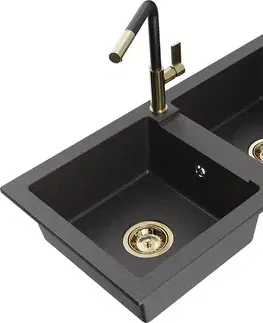 Kuchynské drezy MEXEN/S MEXEN/S - Mario granitový drez 2-bowl vrátane batérie Flora, čierna kropenatá 6504-76-670401-57-G