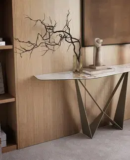 Konzolové stolíky DELIFE Konzolový stolík Edge polygonálny 180×50 cm keramika Minas melange bielo-béžová Spios kov titánová farba