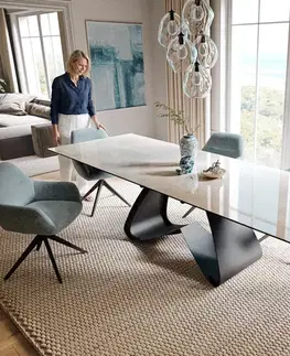 Jedálenské stoly DELIFE Jedálenský stôl Edge 200-300×100 cm keramika onyx šampanské podstava v tvare W kov čierna rozkladací
