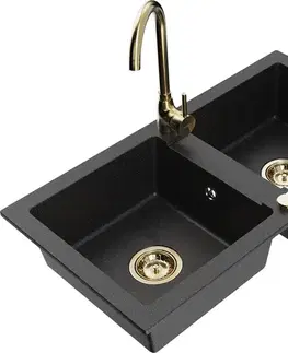 Kuchynské drezy MEXEN/S MEXEN/S - Mario granitový drez 2-bowl vrátane batérie Telma, čierna/strieborná 6504-73-670200-50