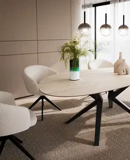 Jedálenské stoly DELIFE Jedálenský stôl Edge oválny 220x120 keramika Laminam®Travertino Bianco krémovo biela Zenthara hranatý kov čierna