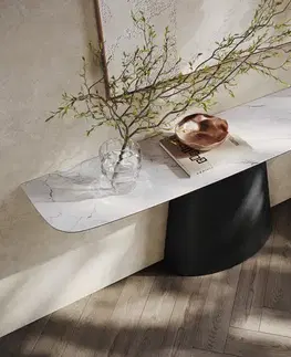 Konzolové stolíky DELIFE Konzolový stolík Edge zaoblený 180×40 cm keramika Laminam® Statuarietto biela Conos kov čierna