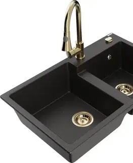 Kuchynské drezy MEXEN/S MEXEN/S - Tomas granitový drez 2-bowl vrátane batérie Elia, čierna/zlatá metalik 6516-75-670101-50