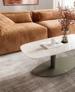 Konferenčné stolíky DELIFE Konferenčný stolík Edge zaoblený tvar 100×50 cm keramika onyx šampanské Vibany kov titánová farba efekt