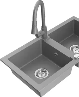 Kuchynské drezy MEXEN/S MEXEN/S - Mario granitový drez 2-bowl vrátane batérie Elia, šedá 6504-71-670101-71