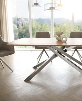 Jedálenské stoly DELIFE Jedálenský stôl Edge zaoblený tvar 200x100 akácia prírodná krížová podstava obdĺžnik nerezová oceľ švajčiarska hrana