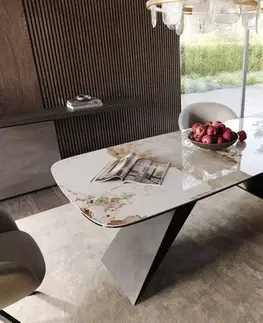 Jedálenské stoly DELIFE Jedálenský stôl Edge Boot 200x100 keramika Minas Melange bielo-béžová podstava v tvare V plochá oceľ čierna