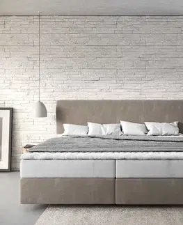 Postele Boxspring DELIFE Boxspring posteľ Dream-Well mikrovlákno béžová 200x200 cm s vreckovou pružinovou matracou a topperom Visco