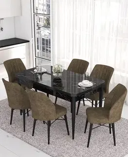 Jedálenské sety Extendable Dining Table & Chairs Set (7 Pieces) Eva - Black Marble, Brown
