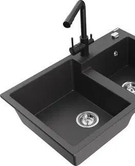 Kuchynské drezy MEXEN/S MEXEN/S - Tomas granitový drez 2-bowl vrátane batérie Duero, čierna kropenatá 6516-76-671600-70