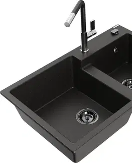 Kuchynské drezy MEXEN/S MEXEN/S - Tomas granitový drez 2-bowl vrátane batérie Flora, čierna/zlatá metalik 6516-75-670401-07-B