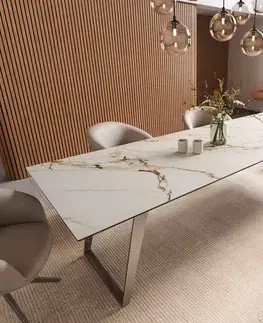 Jedálenské stoly DELIFE Jedálenský stôl Edge 300x100 keramika Calacatta Luxe bielo-zlato-šedá nerezová oceľ skosený