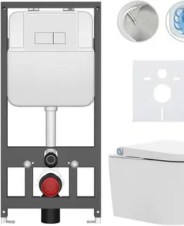 Záchody CERANO - Závesné WC s bidetom Basic/Cronus Standard - biela lesklá - WC tlačidlo Modulo/Biela - závesné - predstenová inštalácia - 59,3x38,4 CER-8050BD86453