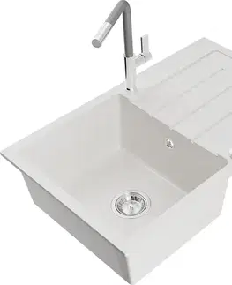 Kuchynské drezy MEXEN/S MEXEN/S - Bruno granitový drez 1 s odkvapkávačom vrátane batérie Flora, biela 6513-20-670401-06