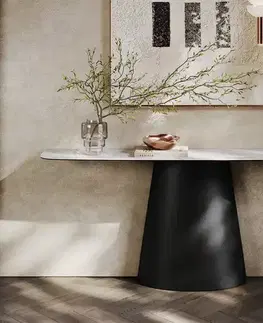 Konzolové stolíky DELIFE Konzolový stolík Edge zaoblený 180×40 cm keramika Laminam® Statuarietto biela Conos kov čierna