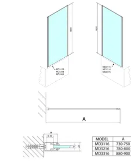 Sprchovacie kúty POLYSAN - DEEP bočná stena 800x1650, číre sklo MD3216