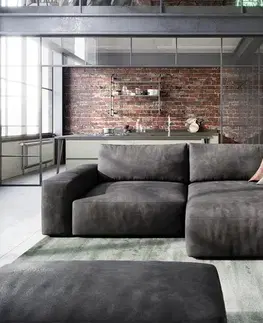 Rohové sedacie súpravy DELIFE Rohová pohovka Lanzo 230x155 cm imitácia kože vintage antracitová ležadlo variabilné s taburetom