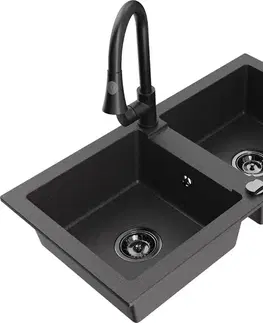 Kuchynské drezy MEXEN/S MEXEN/S - Mario granitový drez 2-bowl vrátane batérie Elia, čierna kropenatá 6504-76-670101-70-B