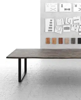 Jedálenské stoly DELIFE Jedálenský stôl Edge 300x100 XL akácia platinová tenká podstava čierna Live-Edge