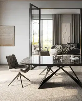Jedálenské stoly DELIFE Jedálenský stôl Edge zaoblený 180-220×100 cm keramika Emperador Extra Lucidato tmavohnedá podstava v tvare V plochá oceľ čierna rozkladací