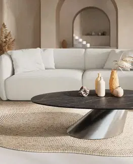 Konferenčné stolíky DELIFE Konferenčný stolík Edge oválny 140x75 cm keramika Laminam® Noir Desir hnedá Conis nerezová oceľ kefovaná