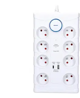 Predlžovacie káble  PO80 - Predlžovací kábel s vypínačom, 8 zásuviek Typ E + 1x USB-A + 1x USB-C, 2m, biela PO80