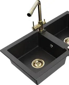 Kuchynské drezy MEXEN/S MEXEN/S - Mario granitový drez 2-bowl vrátane batérie Duero, čierna/strieborná metalík 6504-73-671600-50